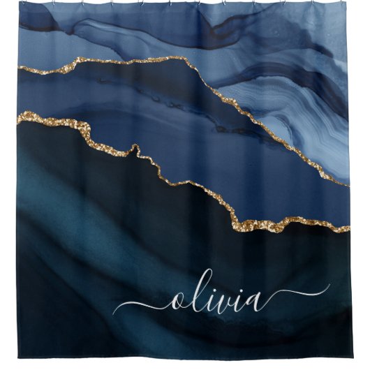Navy Blauwe Agaat Geode Gouden Monogram Douchegordijn (Voorkant)