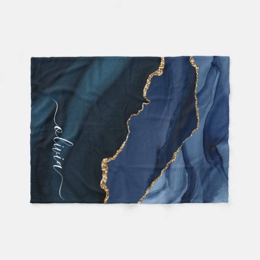 Navy Blauwe Agaat Geode Gouden Monogram Fleece Deken (Voorkant (Horizontaal))