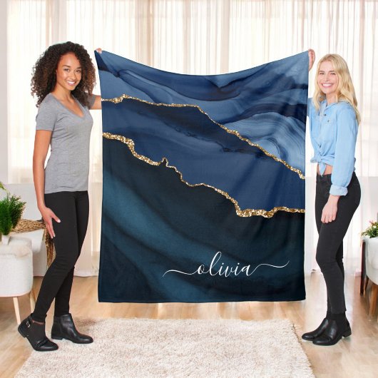 Navy Blauwe Agaat Geode Gouden Monogram Fleece Deken