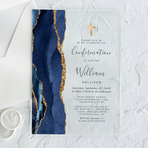 Navy Blauwe Agaat Gouden Glitter Bevestiging Acryl Uitnodigingen