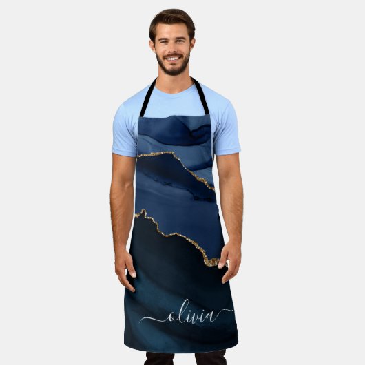 Navy Blauwe Agat Geode Gouden Monogram Schort (Gedragen)