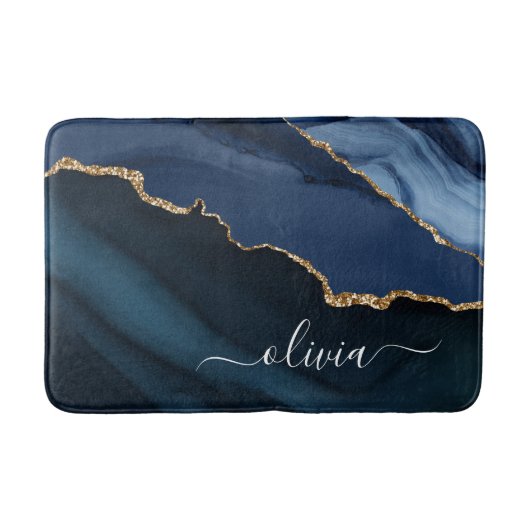 Navy Blauwe Agate Geode Gouden Monogram Badmat (Voorkant)