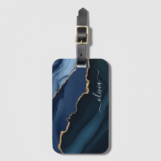 Navy Blauwe Agate Geode Gouden Monogram Bagagelabel (Voorkant (verticaal))