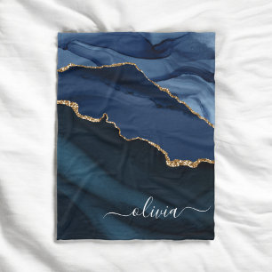 Navy Blauwe Agate Geode Gouden Monogram Fleece Deken