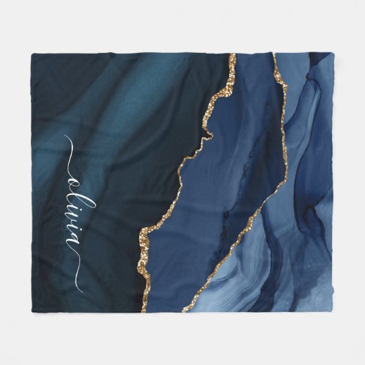 Navy Blauwe Agate Geode Gouden Monogram Fleece Deken (Voorkant (Horizontaal))