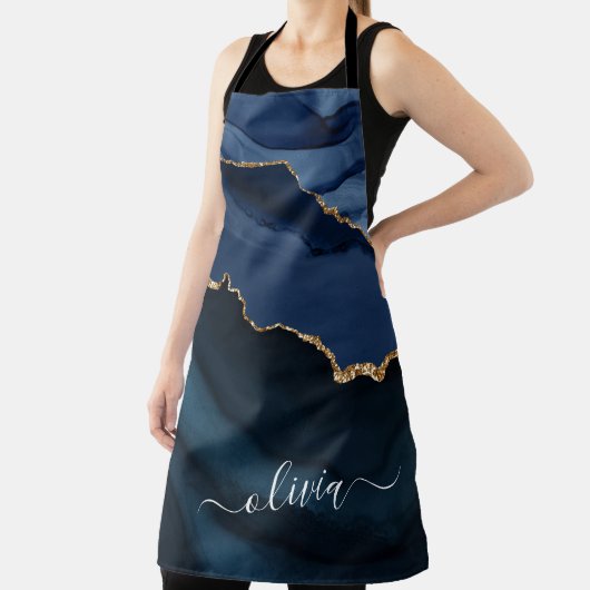 Navy Blauwe Agate Geode Gouden Monogram Schort (Insitu)