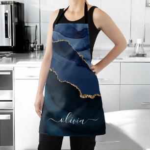 Navy Blauwe Agate Geode Gouden Monogram Schort