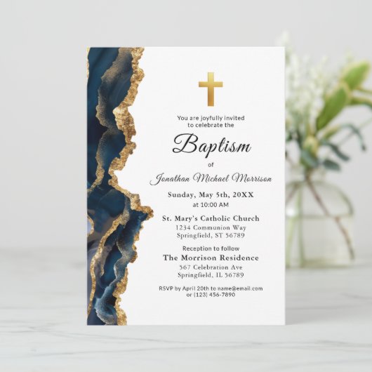 Navy Blauwe Agate Gouden Doop Modern Eenvoudig Kaart (Staand voorkant)