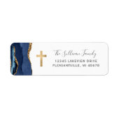 Navy Blauwe Agate Gouden Kruis Retouradres Etiket (Voorkant)