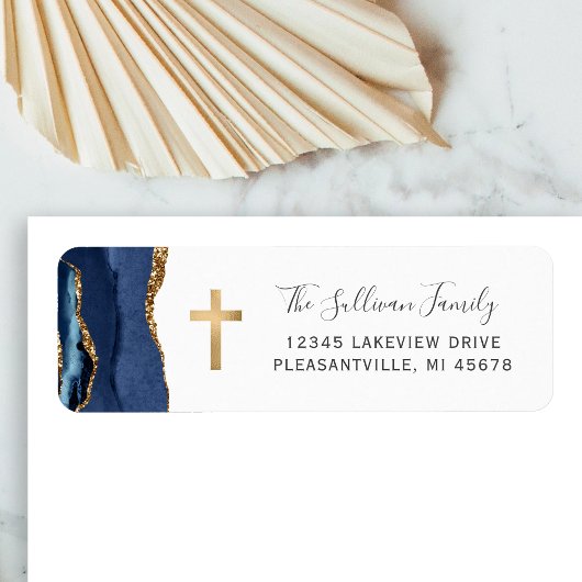 Navy Blauwe Agate Gouden Kruis Retouradres Etiket