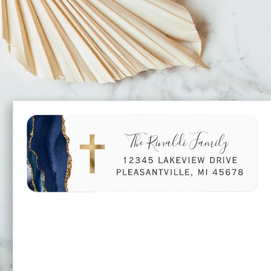 Navy Blauwe Agate Gouden Kruis Retouradres Label