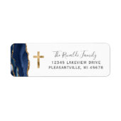 Navy Blauwe Agate Gouden Kruis Retouradres Label (Voorkant)