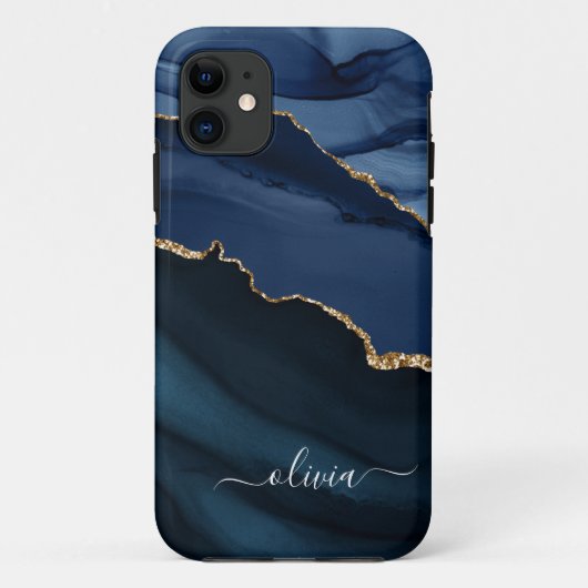 Navy Blauwe Agatische Geode Gouden Monogram Case-Mate iPhone Case (Achterkant)