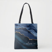 Navy Blauwe Agatische Geode Gouden Monogram Tote Bag (Voorkant)