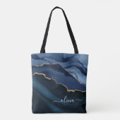 Navy Blauwe Agatische Geode Gouden Monogram Tote Bag (Achterkant)