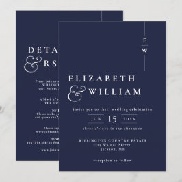 Navy Blauwe All In One Moderne Monogram Huwelijk Kaart