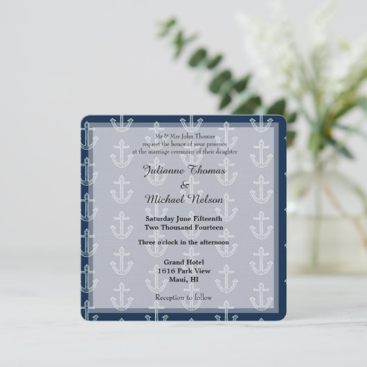 Navy Blauwe Ankers Bruiloft Kaart (Staand voorkant)