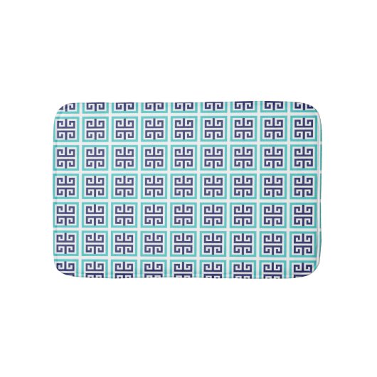 Navy Blauwe Aqua Turquoise Griekse Sleutel Patroon Badmat (Voorkant)