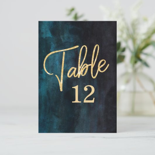 Navy Blauwe Aquarel & Gouden Tafelnummer Zitplaats (Staand voorkant)