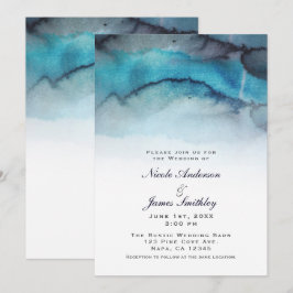 Navy Blauwe Aquarel Kust Strand Abstracte Golven Kaart