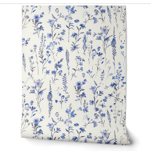 Navy Blauwe Aquarel Wilde Bloemen en Kruiden Behang
