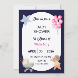 Navy Blauwe Baby Shower Uitnodiging | Aquarel