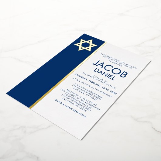 Navy Blauwe Bar Mitzvah Ster van David Goud Folie Uitnodiging (Gedraaid)