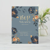 Navy Blauwe Bloemen Gouden Bladeren RSVP  Kaart (Staand voorkant)