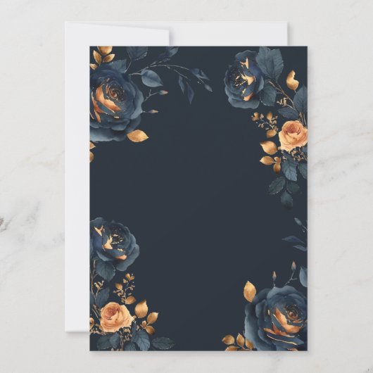 Navy Blauwe Bloemen Gouden Bladeren RSVP  Kaart (Achterkant)