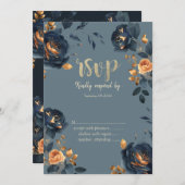 Navy Blauwe Bloemen Gouden Bladeren RSVP  Kaart (Voorkant / Achterkant)