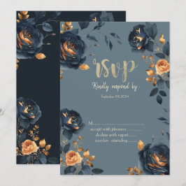 Navy Blauwe Bloemen Gouden Bladeren RSVP  Kaart