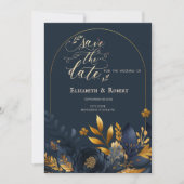 Navy Blauwe Bloemen Gouden Bladeren Save The Date (Voorkant)