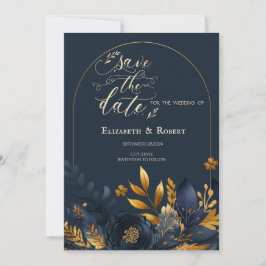 Navy Blauwe Bloemen Gouden Bladeren Save The Date