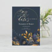Navy Blauwe Bloemen Gouden Bladeren Save The Date (Staand voorkant)