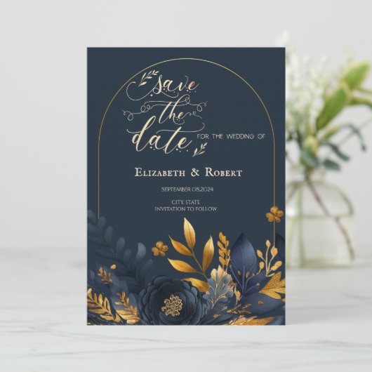 Navy Blauwe Bloemen Gouden Bladeren Save The Date (Staand voorkant)