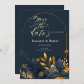 Navy Blauwe Bloemen Gouden Bladeren Save The Date (Voorkant / Achterkant)