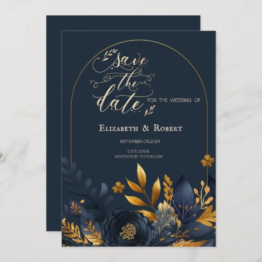 Navy Blauwe Bloemen Gouden Bladeren Save The Date