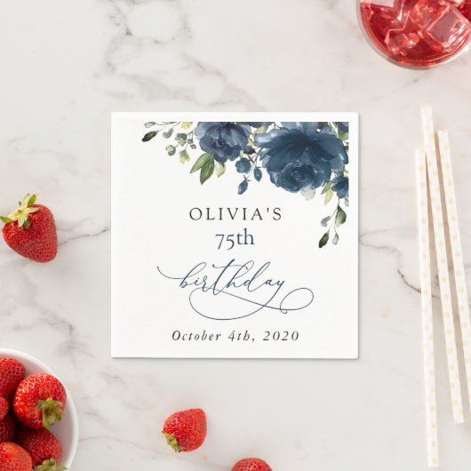 Navy Blauwe Bloemen, Groene Tinten, Boho, Verjaard Servet (Insitu)