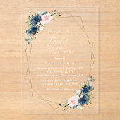 Navy Blauwe Bloemen, Roze Bloemen, Bruidsfeest Acryl Uitnodigingen (Voorkant)