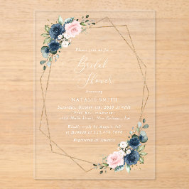Navy Blauwe Bloemen, Roze Bloemen, Bruidsfeest Acryl Uitnodigingen