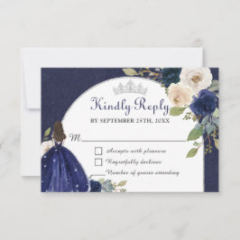 Navy Blauwe Bloemenboog Quinceañera Prinses RSVP Kaartje