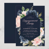 Navy blauwe bloemenkrans verlovingsfeest kaart (Voorkant / Achterkant)