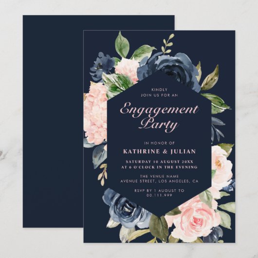 Navy blauwe bloemenkrans verlovingsfeest kaart (Voorkant / Achterkant)