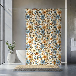Navy Blauwe Bloemige Boho Terracotta Accent Gordij Douchegordijn