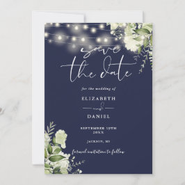 Navy Blauwe Bloemige Groene Slingerlampjes Bruilof Save The Date