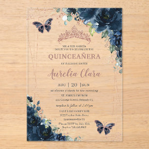 Navy Blauwe Bloemige Quinceañera Rose Gouden Bloem Acryl Uitnodigingen