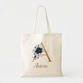Navy Blauwe Blush Bloem Gouden Letter A Tote Bag