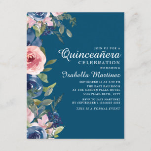 Navy Blauwe Blush Bloem Groene Bladeren Quinceañer Kaart