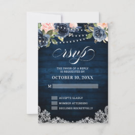 Navy Blauwe Blush Bloem Rustieke Slinger Licht RSV RSVP Kaartje