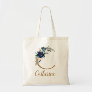 Navy Blauwe Blush Bloemengoud Letter C Tote Bag